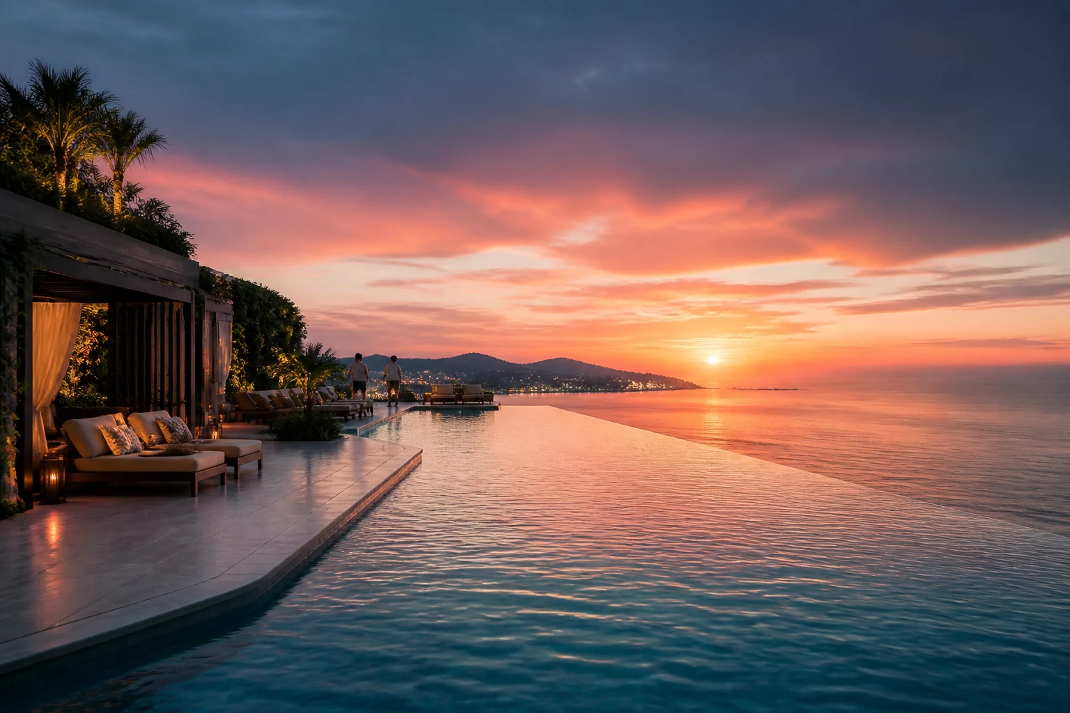 Rooftop infinity pool overlooking the coast at sunset