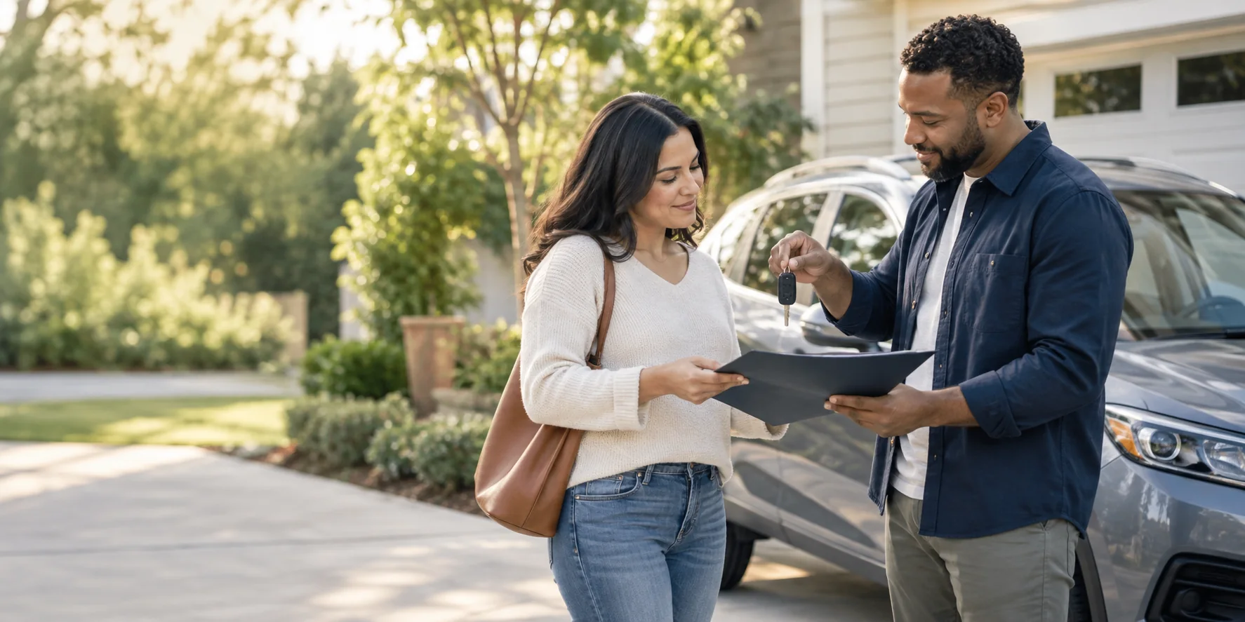 A buyer and seller reviewing vehicle transfer details beside a car