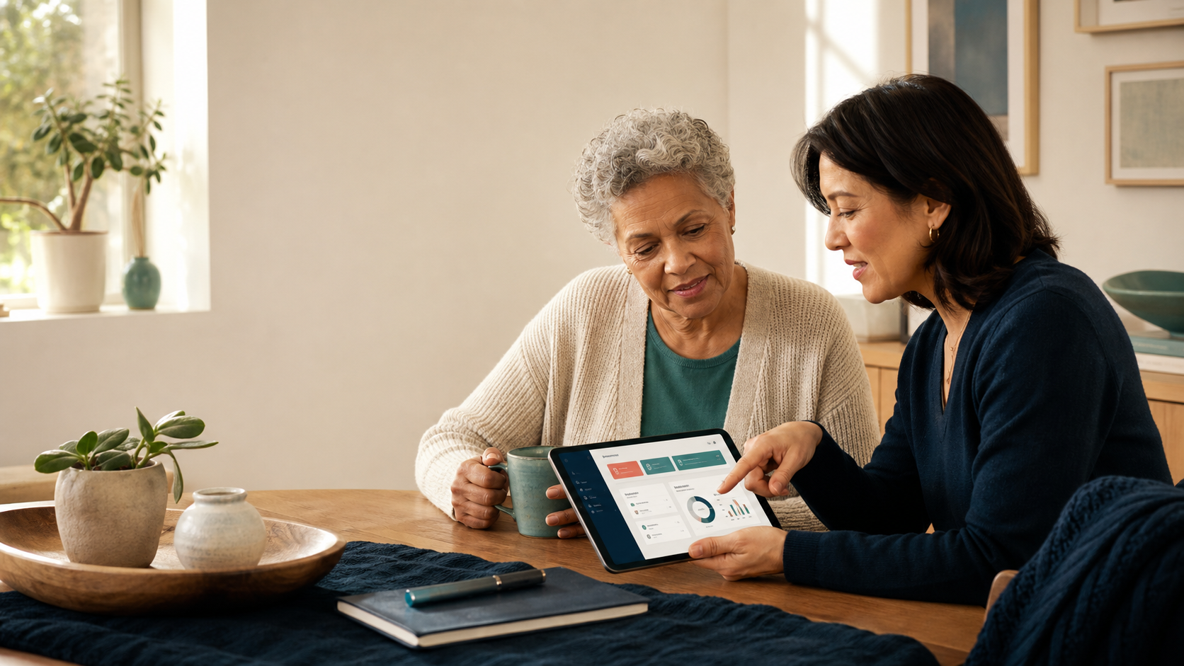 An older adult and family caregiver reviewing a care dashboard together on a tablet