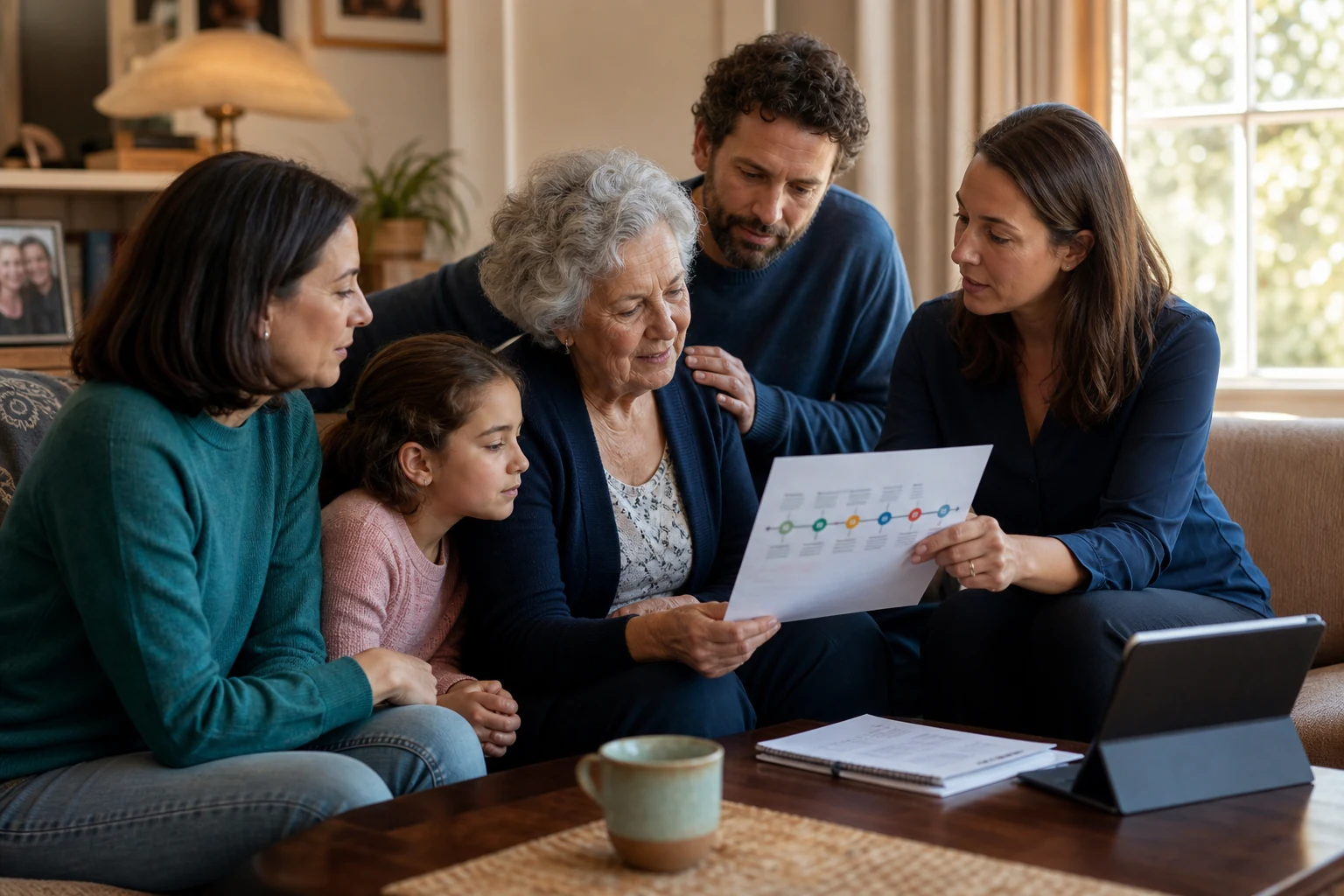 A multigenerational family discussing a shared care timeline with a professional