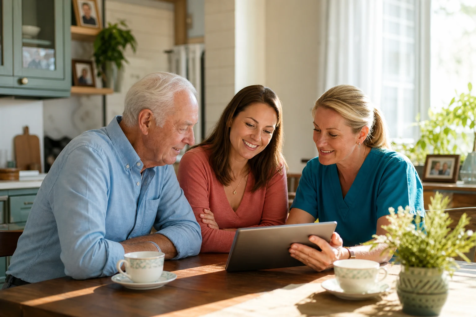 An older man, his adult daughter, and a home caregiver reviewing a care plan together