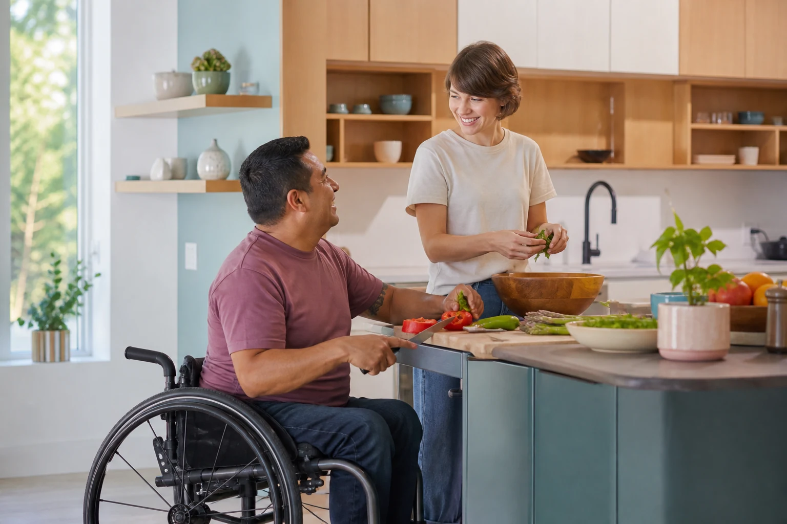 An adult wheelchair user preparing a meal with support in an accessible kitchen