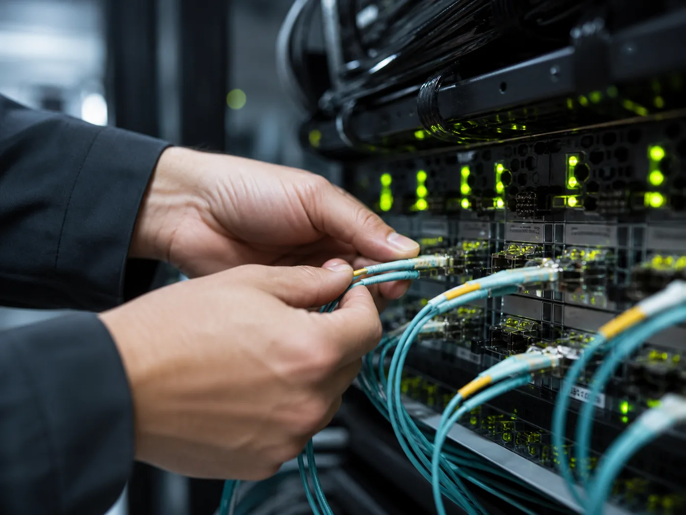 Network engineer carefully provisioning fiber connections in an enterprise patch panel
