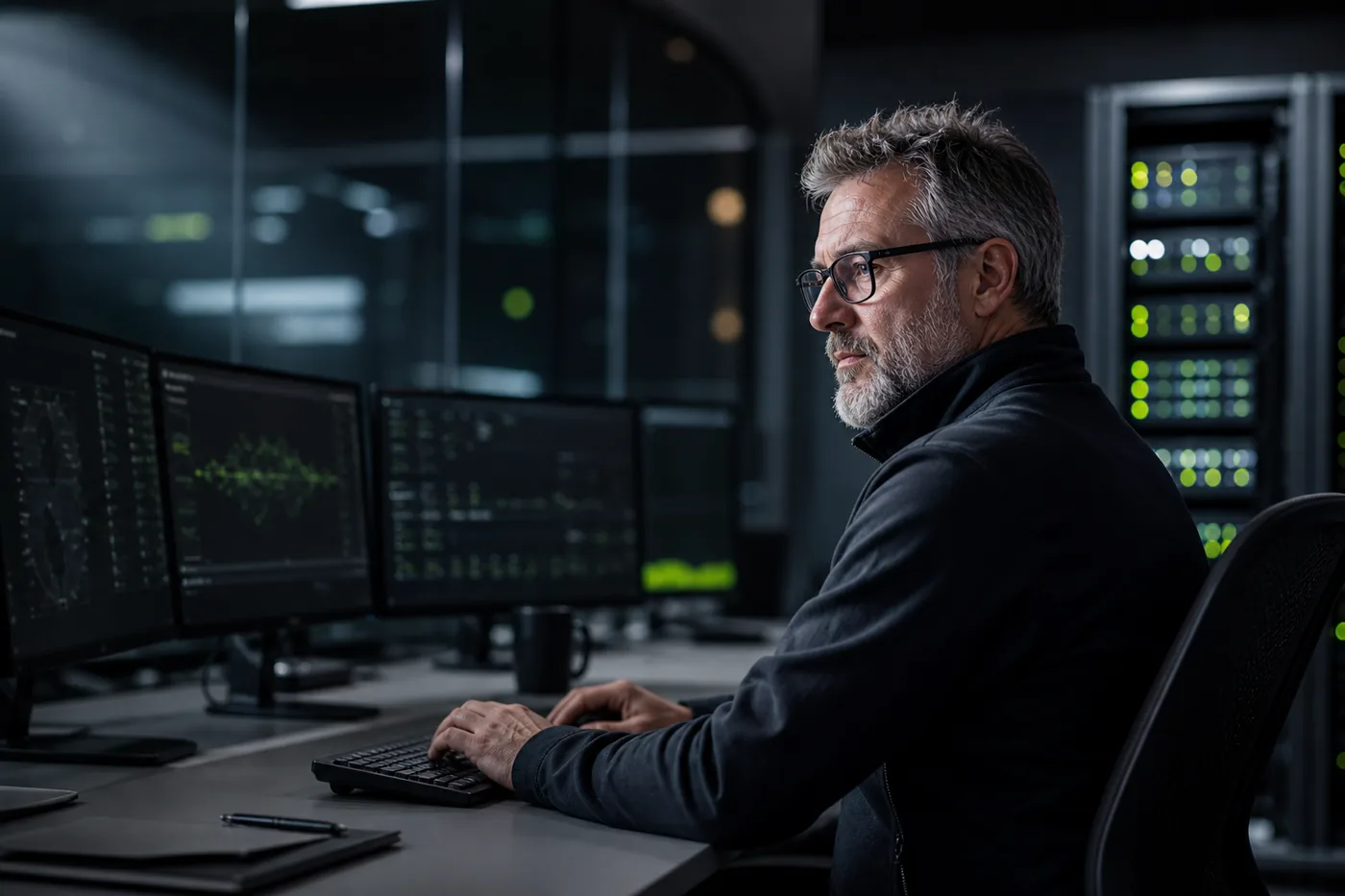 Senior cloud engineer monitoring deployment and infrastructure health from a network operations room