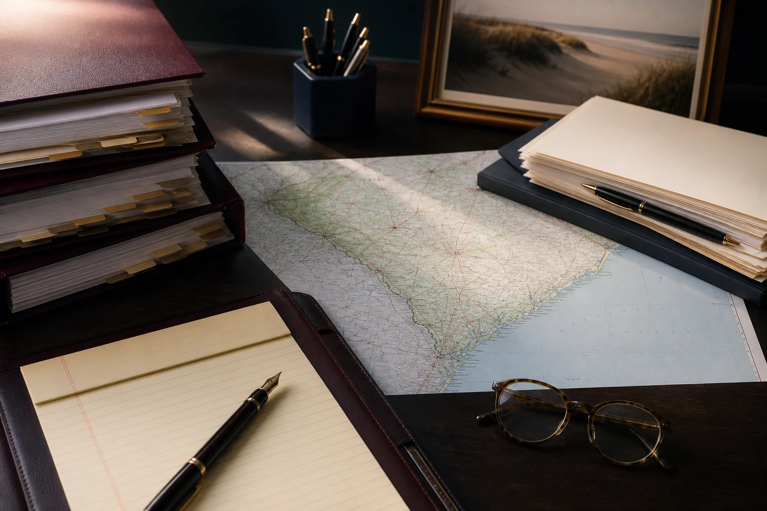 Editorial still life of organized legal case preparation with a South Carolina map