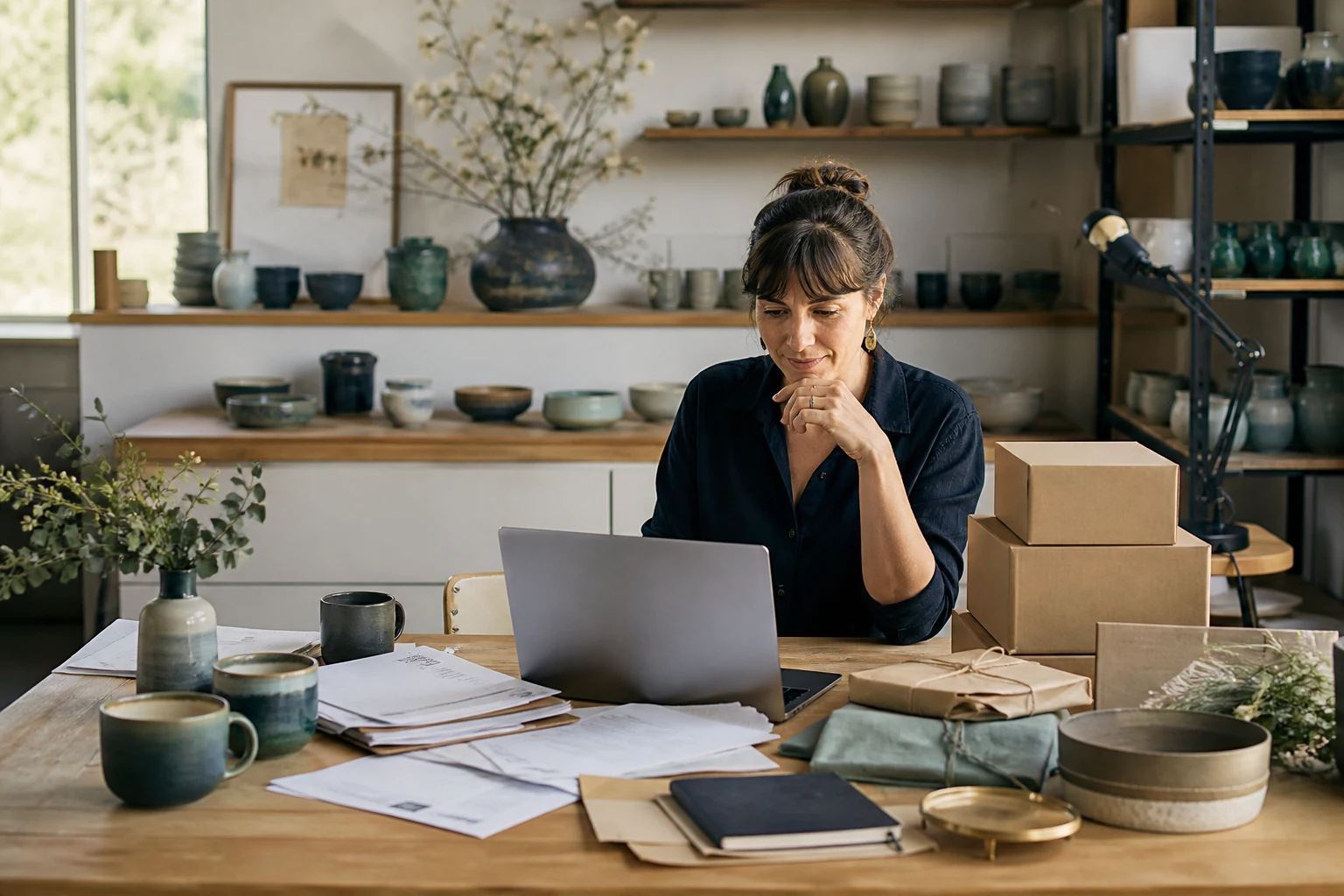 A small-business owner reviewing finances in her ceramics studio