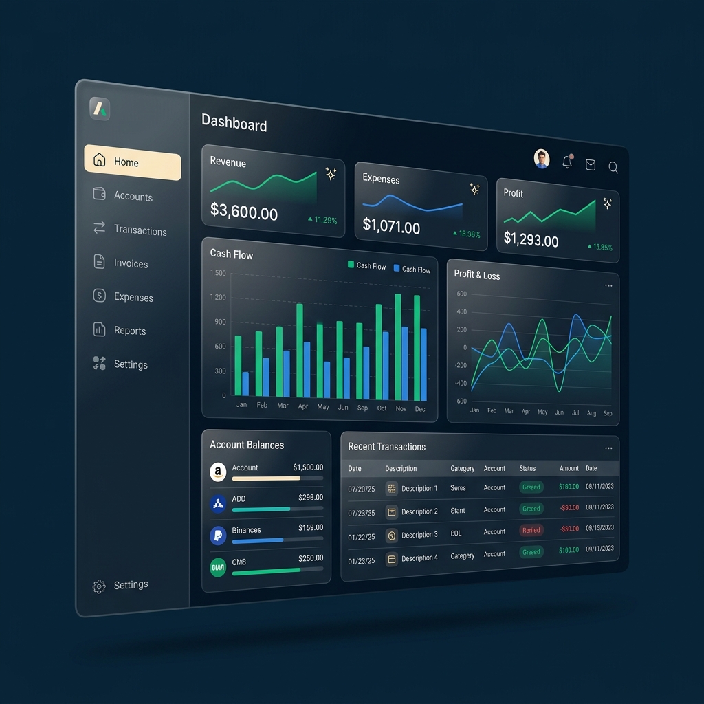 Vero Books financial dashboard with revenue, expense, profit, cash flow, and transaction views