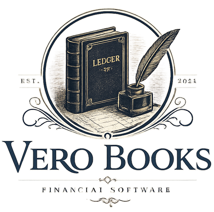 Vero Books ledger and quill identity
